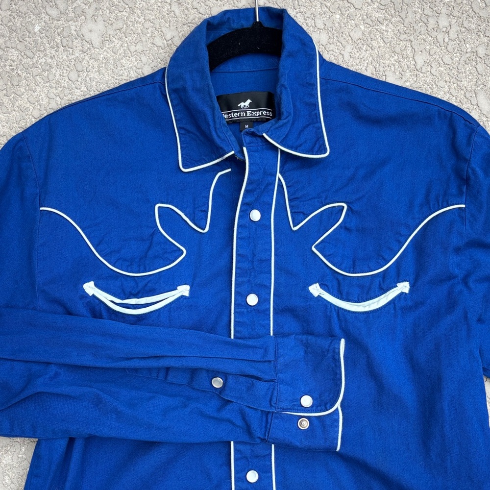 Western Express Shirt Mens M Blue Pearl Snap Smile Pocket Rockabilly Vintage